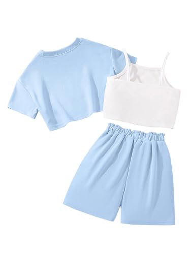 Image of Girl's Summer 3 Piece Outfits Graphic Short Sleeve Crop Top Cami and Shorts Clothes Set