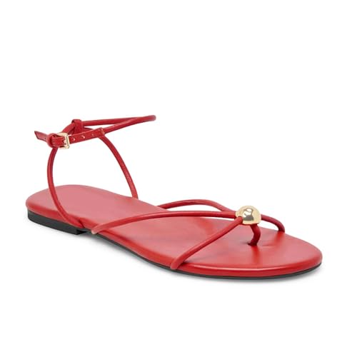 XBKXMK Red Strappy Flat Sandals for Women Comfortable Open Round Toe Slingback Sandals Dressy Beach Thong Flip Flop Slides