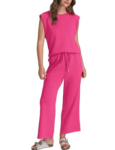 Image of SAMPEEL Two Piece Sets for Women Casual Travel Vacation Outfits Summer Wide Leg Crop Pants Lounge Sets