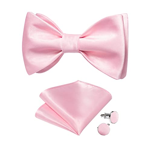 DiBanGu Mens Light Pink Satin Self Bow Ties Woven Solid Bowtie and Pocket Square Cufflinks Set for Men Tuxedo Wedding