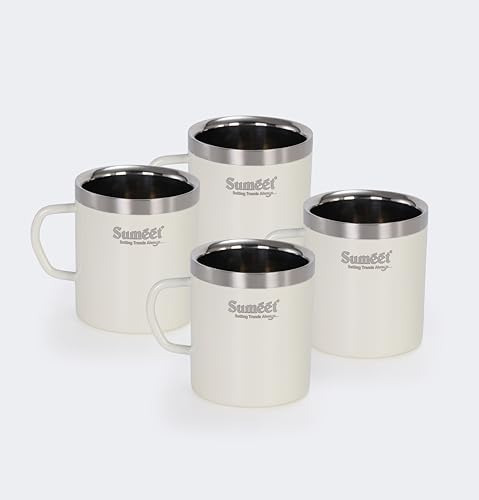 Image of Sumeet Stainless Steel Coloured Double Wall Tea /Milk /Coffee Mug Set of 4Pc - 300ml - Ivory