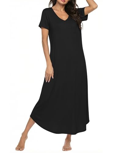 Ekouaer Long Nightgowns for Women Bamboo Viscose Sleepshirt Short Sleeve Night Gown V Neck House Dress Black