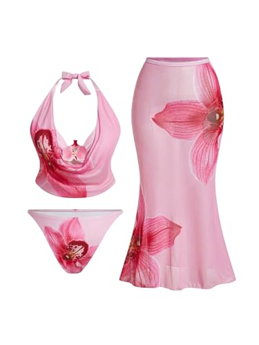 Verdusa - Verdusa Women's Plus Size 3 Piece Boho Halter Bikini Set 3D Floral Swimsuits with Cover Up Skirt Pink 3X-Large Plus (75% Off Amazon Deal)