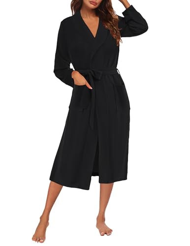 Ekouaer Robes for Women Knit Kimono Bathrobes Soft Lightweight Calf Length loungewear with Pockets Fluffy Female Spa Robe