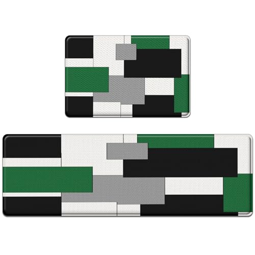 Arttown TCL2024022406-PVCKM2 Green Anti-Fatigue Kitchen Rug Set Of 2 Black Grey White Abstract Geometric Cushioned Kitchen Floor Standing Mat Waterproof Non-Slip Kitchen Mats And Rugs Pvc Ergonomic Comfort Foam Rug