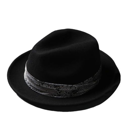 Men's Hat Winter Warm Solid Wool Top Hat Vintage Fedora Winter Autumn Gentleman Anglish Ribbon Jazz Hat Black 59-60CM L