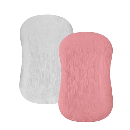 Image of Hooyax Baby Lounger Cover 2 Pack - 100% Muslin Cotton Newborn Lounger Pillow Covers Only, Soft Breathable Infant Lounger Cover with Reinforced Stitching, Fits Most Standard Baby Loungers (Grey Pink)