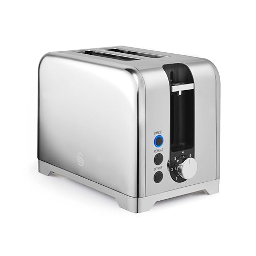 Swan ST19031SS Solace 2 Slice Toaster, Premium Stainless Steel with a High Gloss Finish, 7 Browning Levels, Defrost, Reheat & Cancel Functions, Non-Slip Feet, Self-Centring, 930W, Stainless Steel