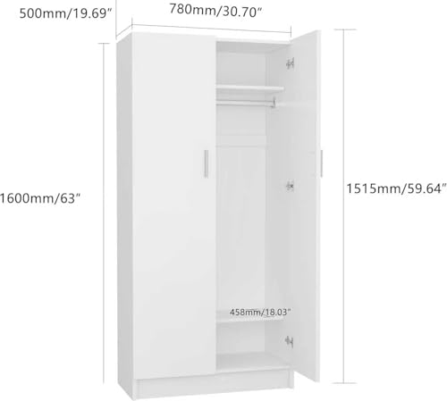 Panana 2 Door Wardrobe Closet Storage Cupboard, with Rail and Shelves Bedroom Armoires - Image 4
