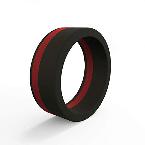 QALO Men's Silicone Pinstripe Ring, Thin Red Line - Honoring Firefighters and First Responders, Size 10