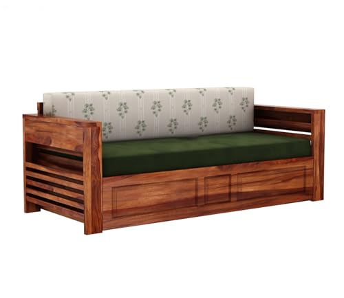Image of Mamta Furniture Sheesham Wood 3 Seater Sofa Cum Bed | Living Room Convertible Bed | Honey Palm Leaf Stripes Finish | Double Size Bed Frame | Upholstered Headboard