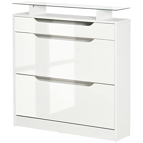 HOMCOM Armoire à Chaussures avec 2 tiroirs rabattables + 1 tiroir Coulissant + 1 comptoir et 1 Plateau en Verre étagère réglable sur 2 Niveaux 89 x 23 x 96...