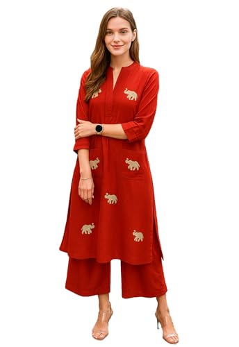 Ensemble kurta et pantalon droit en rayonne haut de gamme imprimée rouge L