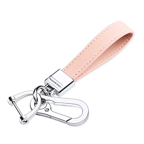 QBUC Genuine Leather Car Keychain,Universal Heavy Duty Metal Key Chain Accessories,Car Fob Key Keychain Holder with 360 Degree Rotatable Snap Swivel and Anti-Lost D-Ring for Men Womenï¼Pinkï¼