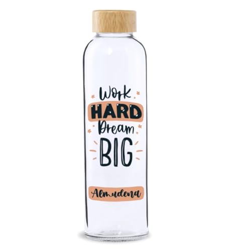 DEREGALOOS Garrafa de vidro personalizada com frases inspiradoras. 500 ml com tampa de bambu. Design motivador para escritório ginásio presentes especiais. (Frase - Work Hard Dream Big)