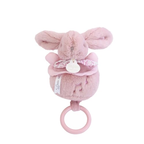 DOUDOU ET COMPAGNIE - Boîte à Musique Lapin Doudou rose – Peluche Musicale Ultra Douce Bébé avec Anneau Bois – Doudou Veilleuse Berceuse pour Endormir...