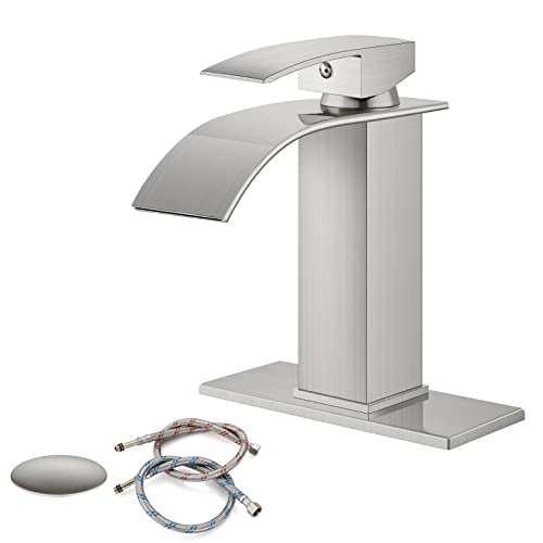 Gotonovo Brushed Nickel Sink Faucet Deck Mount Bathroom Stainless Steel 304 Bowl Basin One Hole One Handle Waterfall Spout Mixer Tap With Pop Up Drain Deck Plate cover