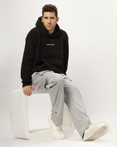 Image of BE SAVAGE Sherpa Fabric Long Sleeves with Pocket Hooded Neck Baggy Woolen Savage Print Hoodie's for Men's