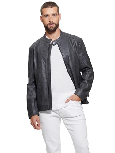 GUESS Mens Fitted Faux Leather Jacket, Jet Black, Small at Amazon