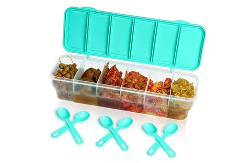 Image of TASTIC Multipurpose 6-Compartment Spice and Dry Fruits Storage Container Box with Lid and Spoons, | 1800 ml Transparent Pickle Box | Spice Organiser For Home, Hotel & Restaurant (PISTA)