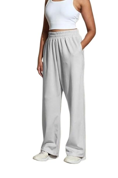 Women's Wide Leg Casual Pants, High Waist Cotton Blend, Drawstring, Light Colour, Relaxed Fit Grey-image-9