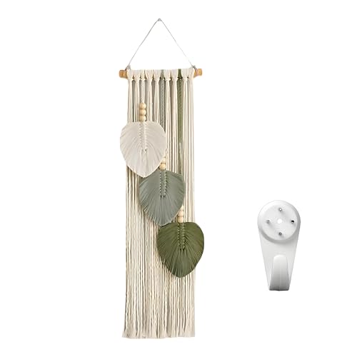 Bssowe Tapiz Hecho a Mano, Tapiz De Pared Tejido, Tapiz Boho Macramé Hoja Decoración, Tapiz De Hojas Verdes, Tapiz Con Cuentas De Madera Para Dormitorio, Salón, Habitación De Los Niños