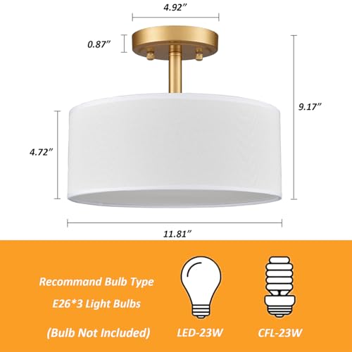 Image of Modern 3 Light Gold Drum Semi Flush Mount Ceiling Light | Ceiling Mount Light Fixture for Hallway Bedroom Entryway Foyer Office