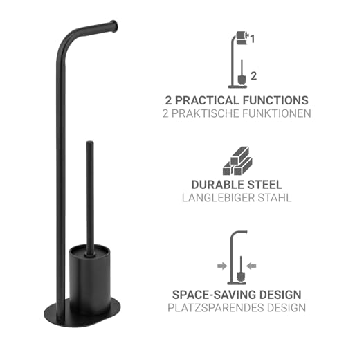 WENKO Stand WC-Garnitur Mod. Levante freistehend schwarz lackierter Stahl mit Toilettenpapierhalter und WC-Bürste 23 x 63 x 17 cm schwarz