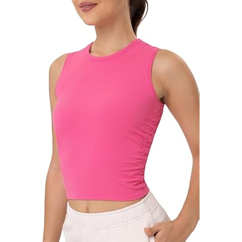 YUNOGA Women's Workout Athletic Tank Tops Sleeveless Crew Neck Basic Crop Tops Ribbed Yoga Shirts (L, Hot Pink) Cover