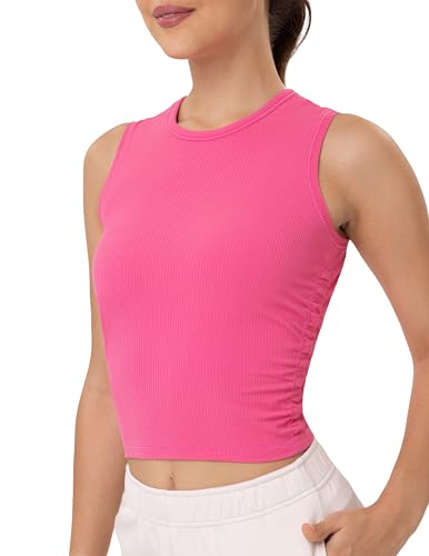 YUNOGA Workout Tank Tops for Women Sleeveless Ribbed Crop Tops Essentials Crew Neck Yoga Tanks Shirts (L, Pink)