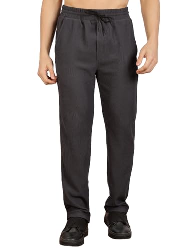 Image of Men's Regular Fit Textured Trousers with Elastic Waistband & Drawstring Closure - Casual & Smart Everyday Pants