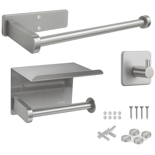 Conjunto Accesorios de Baño Adhesivos y Tornillos, Portarrollos con Estante Plata, Toallero de Baño sin Taladro y Gancho, Acero Inoxidable, Agujeros Invisibles, Diseño Moderno y Elegante