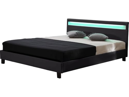 Habitat et Jardin - Lit Double Maria en Simili Noir avec LED Intégrées 140 x 190 cm | Cadre de...