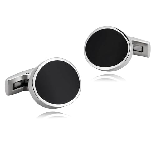 Gemelos de plata de hombre redondos en acero inoxidable negro