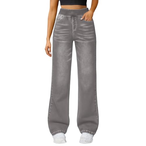 Jean délavé taille haute anti-serrement, pantalon évasé extensible à taille élastique