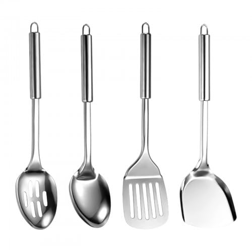 Culinavog 4er Ensemble d'Ustensiles de Cuisine Inox,Eensemble de Spatules en Métal, Spatule Ajourée, Spatule Solide, Cuillère de Service, une Louche,pour Mélanger, Servir, égoutter, Remuer