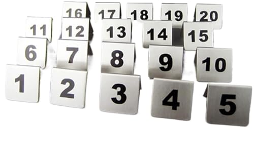 Números de mesa del 1 al 20 y soportes metálicos para señalización en hostelería
