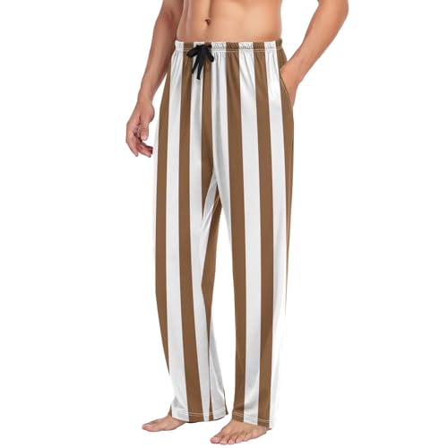 Lounge Pajama Pants for Men Brown White Stripes Men's Sleep Bottoms Pants with Drawstring, S4