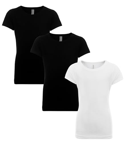 Clementine Big Girls' Everyday Crew Neck Tee Shirt Assorted 3 Pack, Black/Black/White,Small