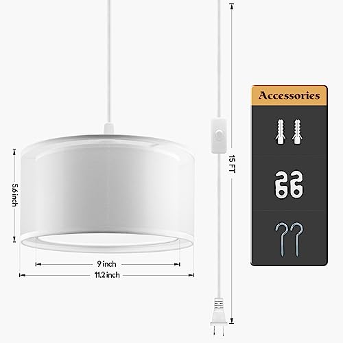 Plug in Pendant Light, 15FT White Cord Hanging Lights with Plug in Cord, Hanging Light with On/Off Switch, Double Linen Shade Fabric Design, Pendant Llight Fixture for Bedroom Living Room Restaurant by SLYYMY - Image 7