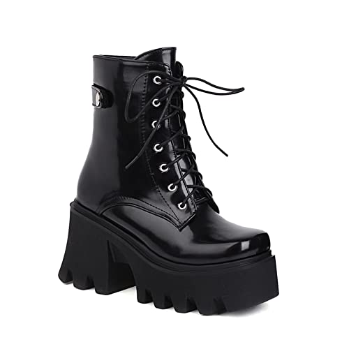 DXSYMJM Women's Chunky Platform Goth Combat Boots Punk High Heel Lace Up PU Leather Casual Winter Boots