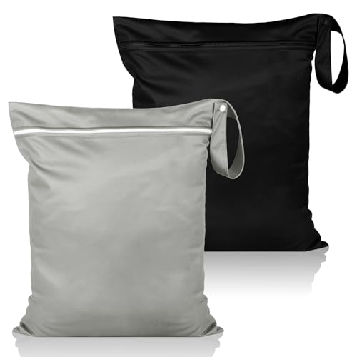 2 Stück Wet Bag, Wiederverwendbar Schmutzige Kleidung Nasstasche, Wasserdichte Wetbag Schwimmsachen mit Reißverschluss, für Baby-Stoffwindeln Sportkleidung Badeanzüge, 40 x 50 cm, Schwarz/Hellgrau