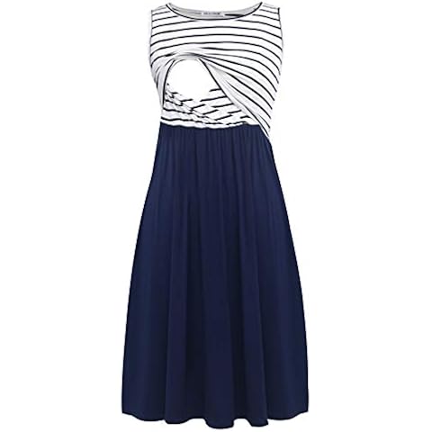 Smallshow Women's Sleeveless Patchwork Maternity Nursing Dress with Pockets Navy Stripe-Navy,M Cover