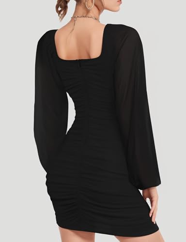Bauty Women's Mesh Long Sleeve Square Neck Ruched Party Club Cocktail Bodycon Short Tight Mini Dress Sexy Banquet Dress2