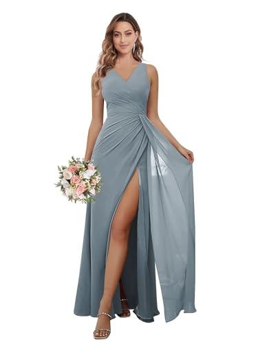 V-Neck Bridesmaid Dresses with Slit Pleated Chiffon A-line Formal Party Dress for Women