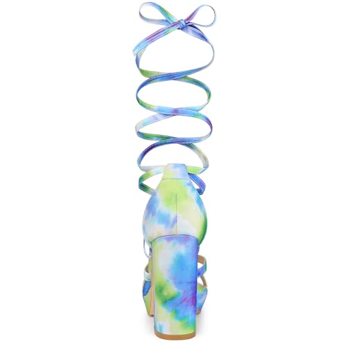Allegra K Allegra K Women's Tie Dye Platform Chunky Heel Lace Up Tie Dye Green Blue Sandals 10 M US