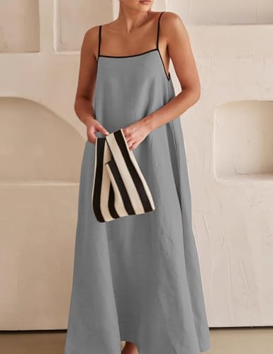 Image of Womens Summer Linen Maxi Dress Contrast Trim Spaghetti Straps Backless Sleeveless Long Flowy Dresses
