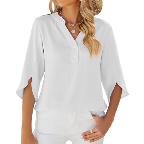 LEKOPUR Weiße Bluse Damen Festliche Oberteile Tunika 3/4 Arm Damenblusen Chiffon Musselin Bluse Einfarbig Frühling Herbst Blusenshirt Flowy Sommerbluse