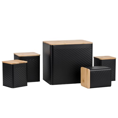 EHC 5 piece Kitchen Storage Canister Set - Tea, Coffee, Sugar, Biscuit, & Bread bin With Lid, Airtight Containers with Lid, Jars Set of 5, Kitchen Accessories & Essentials, Black