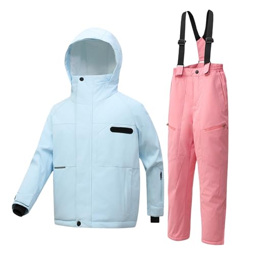 2 Piece Snow Suit for Kids Fashion Windbreaker Waterproof Warm Insulated Solid Color Ski (Light Blue, 12-13 Years)